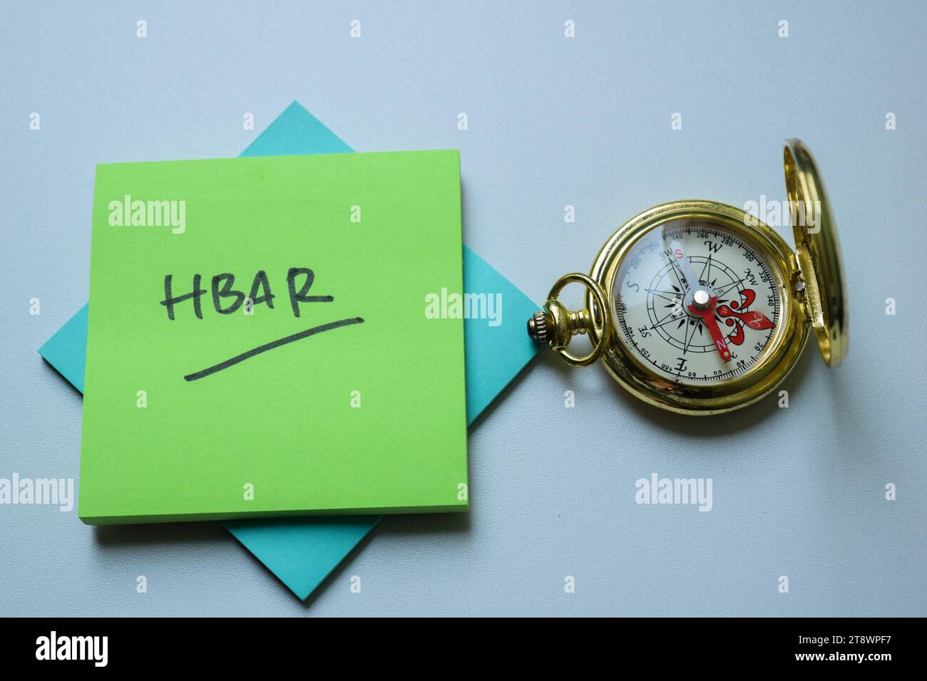 Concept of HBAR write on sticky notes isolated on Wooden Table. Stock Photo
