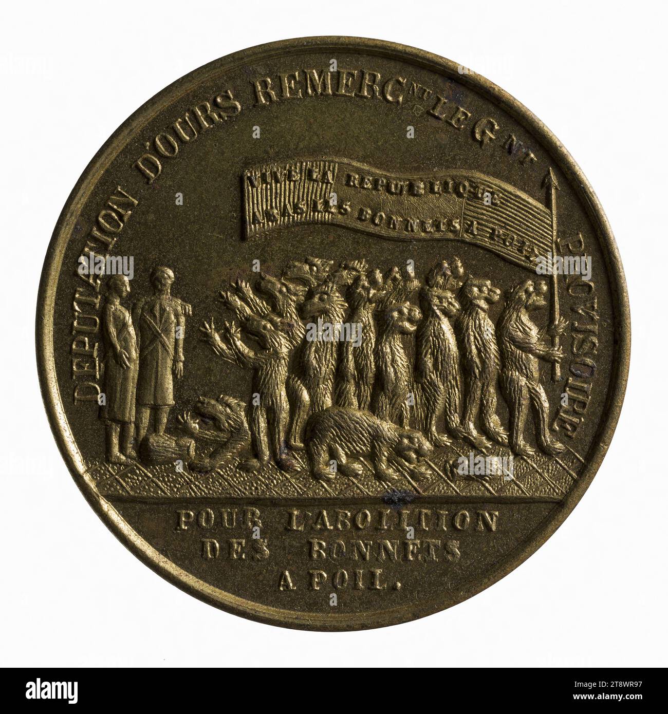 Satire of the repression by the Provisional Government of the demonstration of members of the National Guard known as 'hats with hair', March 16, 1848, Anonymous, Engraver in medals, In 1848, 19th century, Numismatics, Medal, Brass, Paris, Dimensions - Work: Diameter: 2.8 cm, Weight (type dimension): 6.61 g Stock Photo