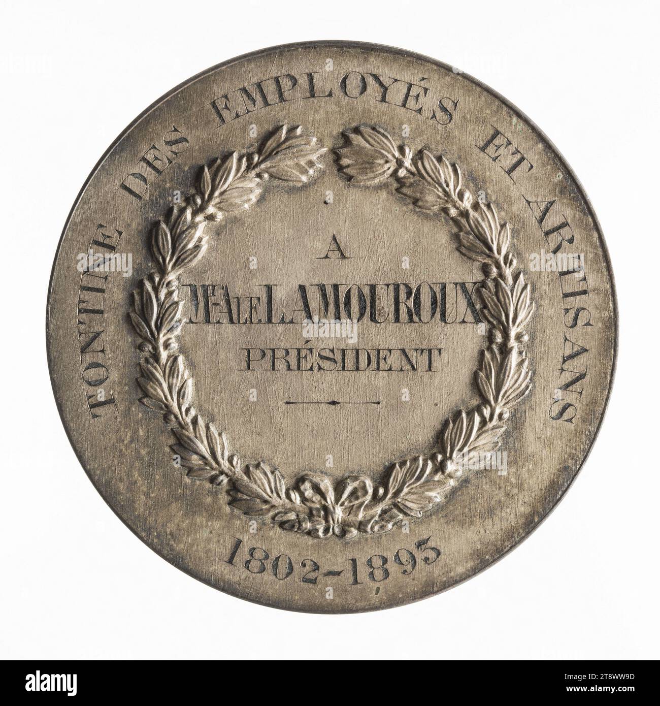 Tribute to Mr. Afl. Lamouroux, president of the tontine of employees and craftsmen, 1893, Bescher, Auguste, Publisher, Lancelot, Engraver in medals, In 1893, Numismatics, Medal, Metal, Engraved = incised, Dimensions - Work: Diameter: 4.6 cm, Weight (type dimension): 49.36 g Stock Photo