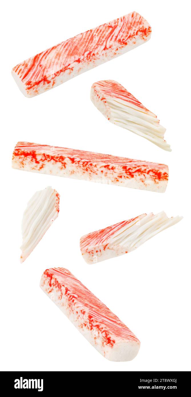 Crab meat, snow crab, surimi sticks pieces falling, hanging, flying