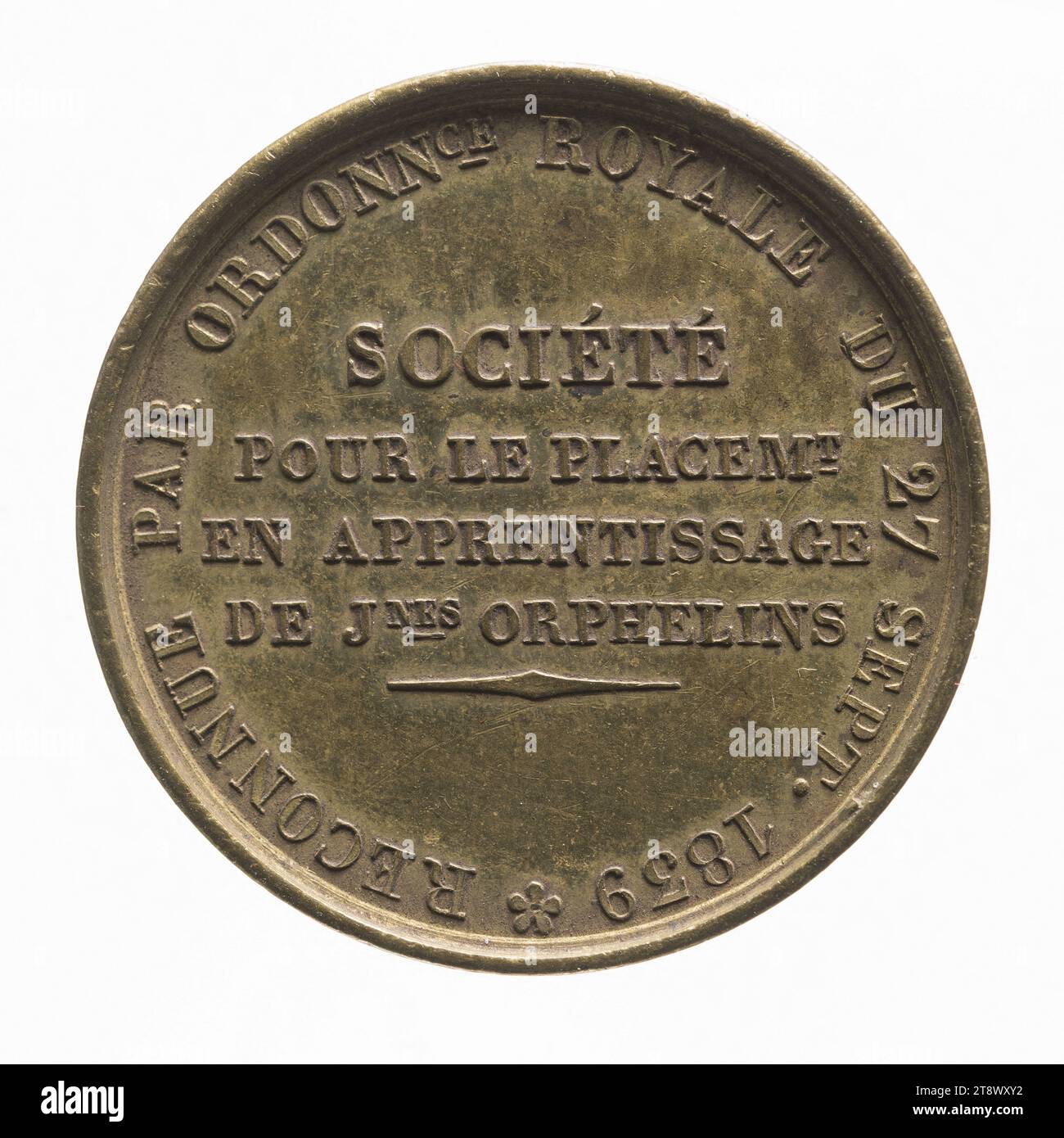 Society for the apprenticeship placement of young orphans, 1841, Caplain, F., Engraver in medals, In 1841, Numismatics, Token (numismatics), Brass, Dimensions - Work: Diameter: 2.5 cm, Weight (type dimension): 7.23 g Stock Photo