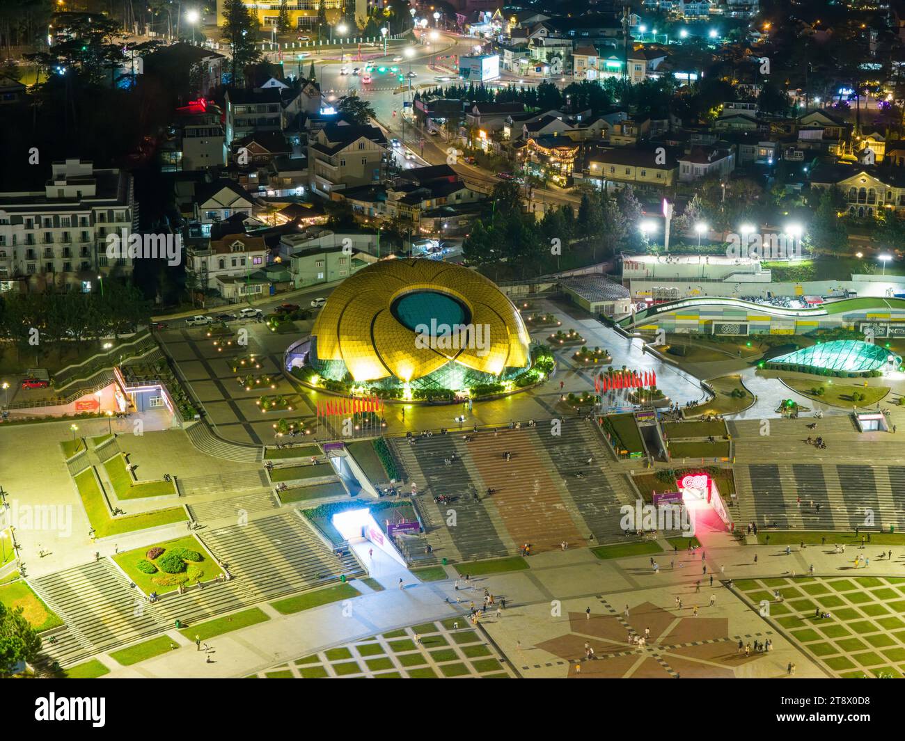 Aerial panorama view of Sunflower Building at Lam Vien Square in Da Lat City. Tourist city in developed Vietnam. Center Square of Da Lat city with Xua Stock Photo