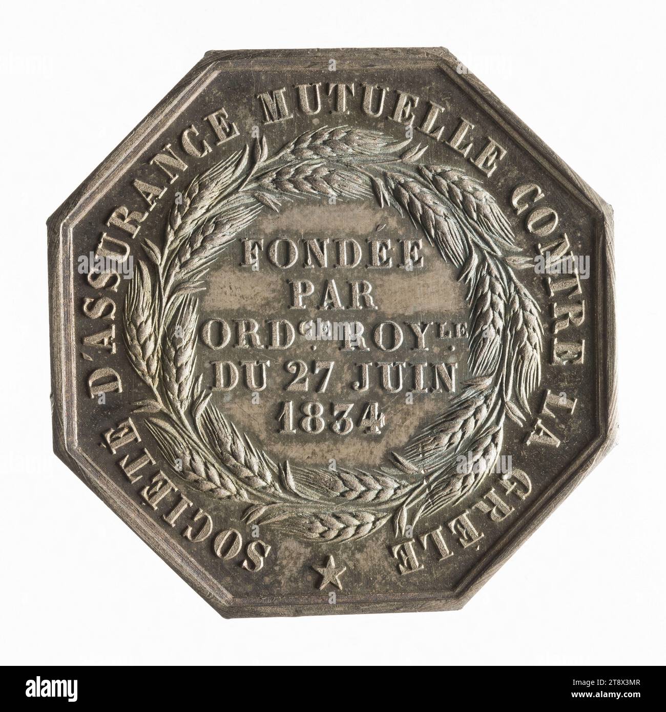 La Versaillaise: mutual insurance company against hail, June 27, 1834, Dubois, Alphée, Engraver in currencies, In 1834, Numismatics, Token (numismatics), Silver, Dimensions - Work: Diameter: 3.5 cm, Weight (type dimension): 15.88 g Stock Photo