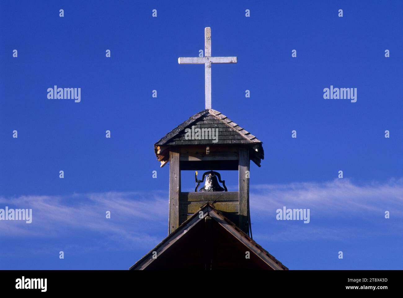 Rustic church bell tower, Homestead Village Museum, Fort Rock, Oregon Stock Photo