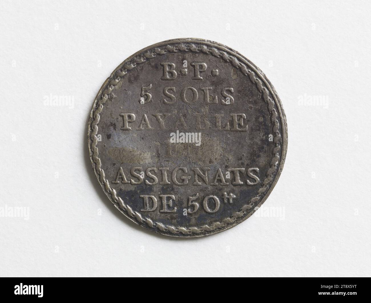 Piece of five soils of Crussol-Potter, 1792, Dupré, Augustin or Auguste, Engraver in medals, Array, Numismatics, Currency, Dimensions - Work: Diameter: 1.6 cm, Weight (type dimension): 0.77 g Stock Photo
