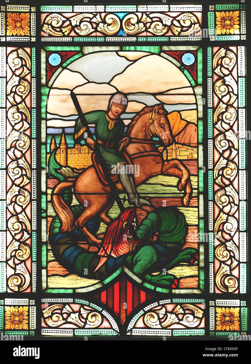 Saint George killing the dragon. Stained and painting glass (C.1914) by Antoni Rigalt i Blanch (1850-1914) Modernism Museum of Barcelona. Stock Photo