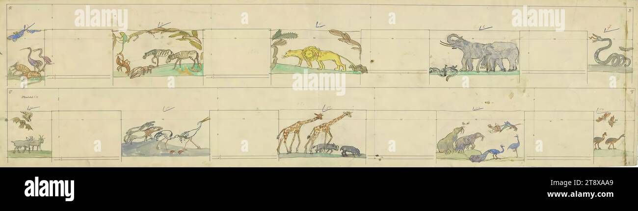Design for Noah's Ark wall frieze: detailed plan zebra, lion, elephant..., Oskar Laske (1874-1951), artist, 1918, paper, ink, watercolors, pencil, colored pencil, sheet size 34.7×129.8 cm, Fine Arts, animals, The Vienna Collection Stock Photo