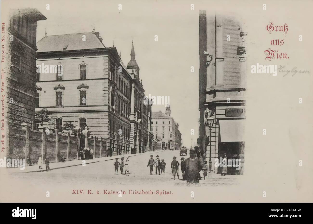 15th, Huglgasse - with Kaiserin-Elisabeth-Spital - view towards Märzstraße, picture postcard, Sperlings Postkartenverlag (M. M. S.), Producer, 1900-1905, paperboard, Collotype, height×width 9, 2×14 cm, Health Care, Vanished Sites and Structures, 15th District: Rudolfsheim-Fünfhaus, hospital, with people, Kaiserin-Elisabeth-Spital, Huglgasse, Märzstraße., The Vienna Collection Stock Photo