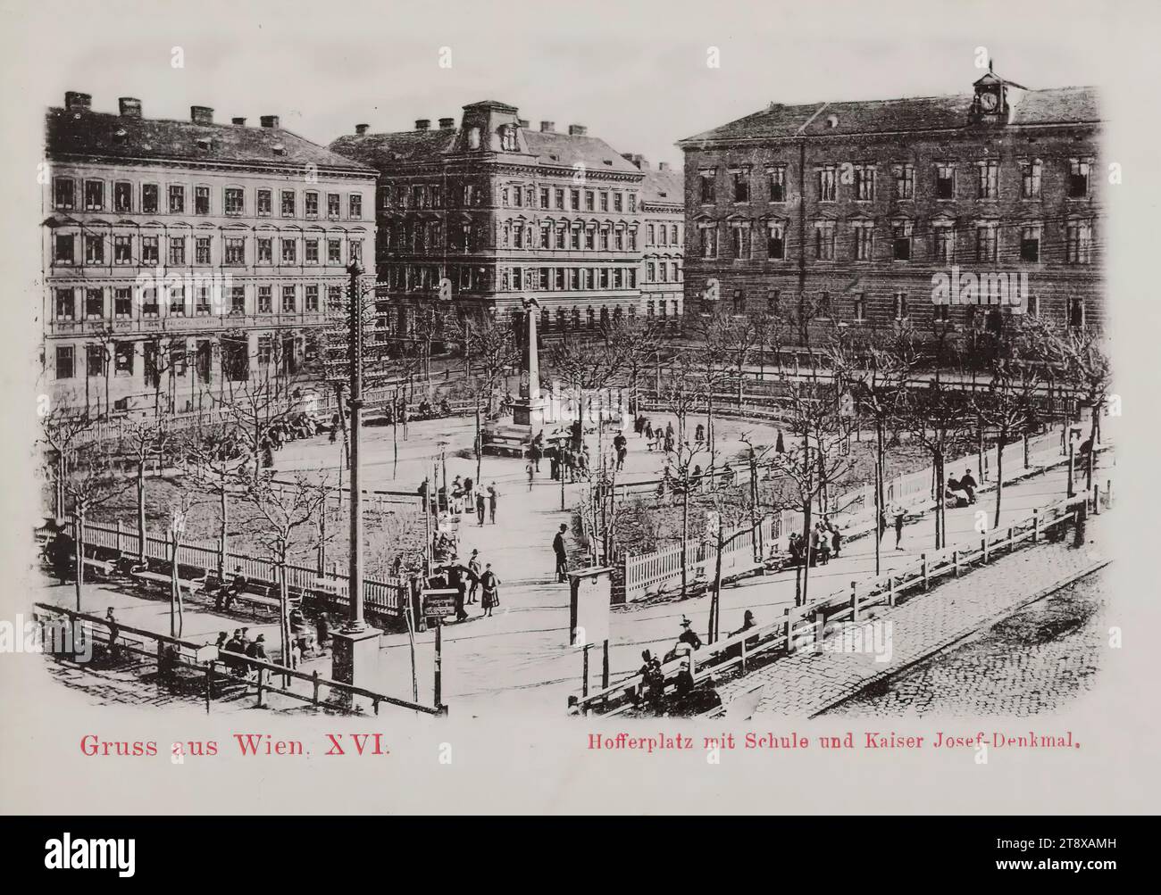16th, Hofferplatz - with school and Emperor Josef monument, picture postcard, unknown, 1900-1905, coated cardboard, collotype, height×width 9×14 cm, education, Habsburgs, 16th district: Ottakring, monument, statue, sculpture, square, place, circus, etc., with people, low-rise building, residential building, the usual house or row of houses, house combined with store, school building, The Vienna Collection Stock Photo