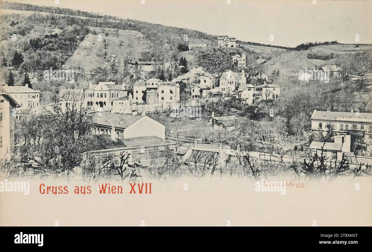 17th, Panorama of Neuwaldegg, picture postcard, publisher Josef Popper (J. P. W.), manufacturer, 1900-1904, cardboard, collotype, height×width 9×14 cm, Vienna Woods, 17th district: Hernals, view of the village, silhouette of the village, The Vienna Collection Stock Photo