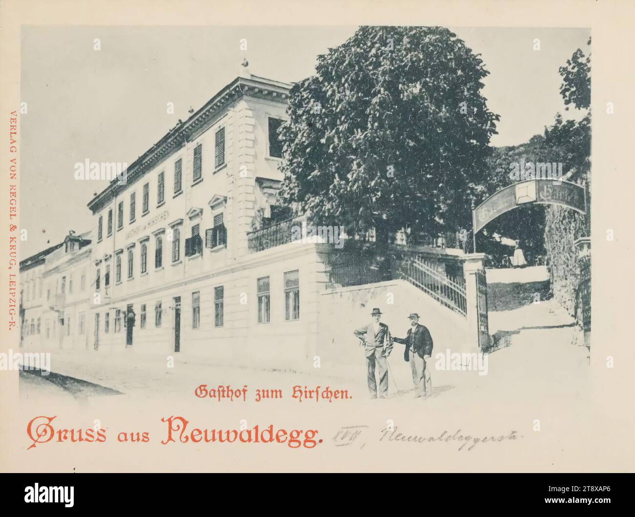 17th, Neuwaldegg - Gasthof zum Hirschen, picture postcard, Regel & Krug publishing house, manufacturer, Hans Nachbargauer, representative, date before 1905, cardboard, collotype, height×width 9×14 cm, hotel and restaurant business, 17th district: Hernals, with people., The Vienna Collection Stock Photo