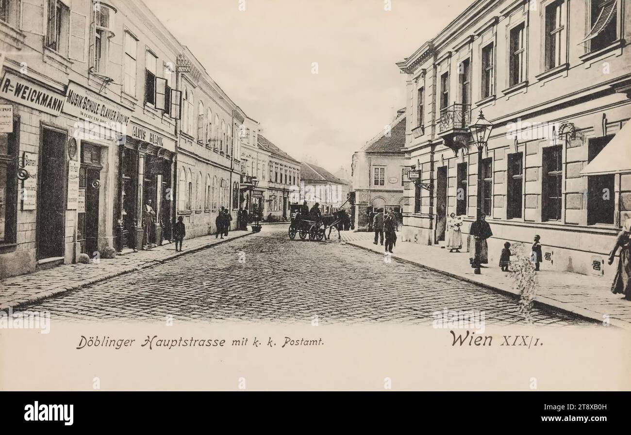 19th, Döblinger Hauptstraße - with k. k. post office, picture postcard, Carl (Karl) Ledermann Jr, producer, 1900-1905, cardboard, collotype, height×width 9×14 cm, 19: Döbling, street, the usual house or row of houses, low-rise, tenement, house with store, four-wheeled, animal-drawn vehicle, e.g.: Droschke, carriage, wagon, with people., The Vienna Collection Stock Photo