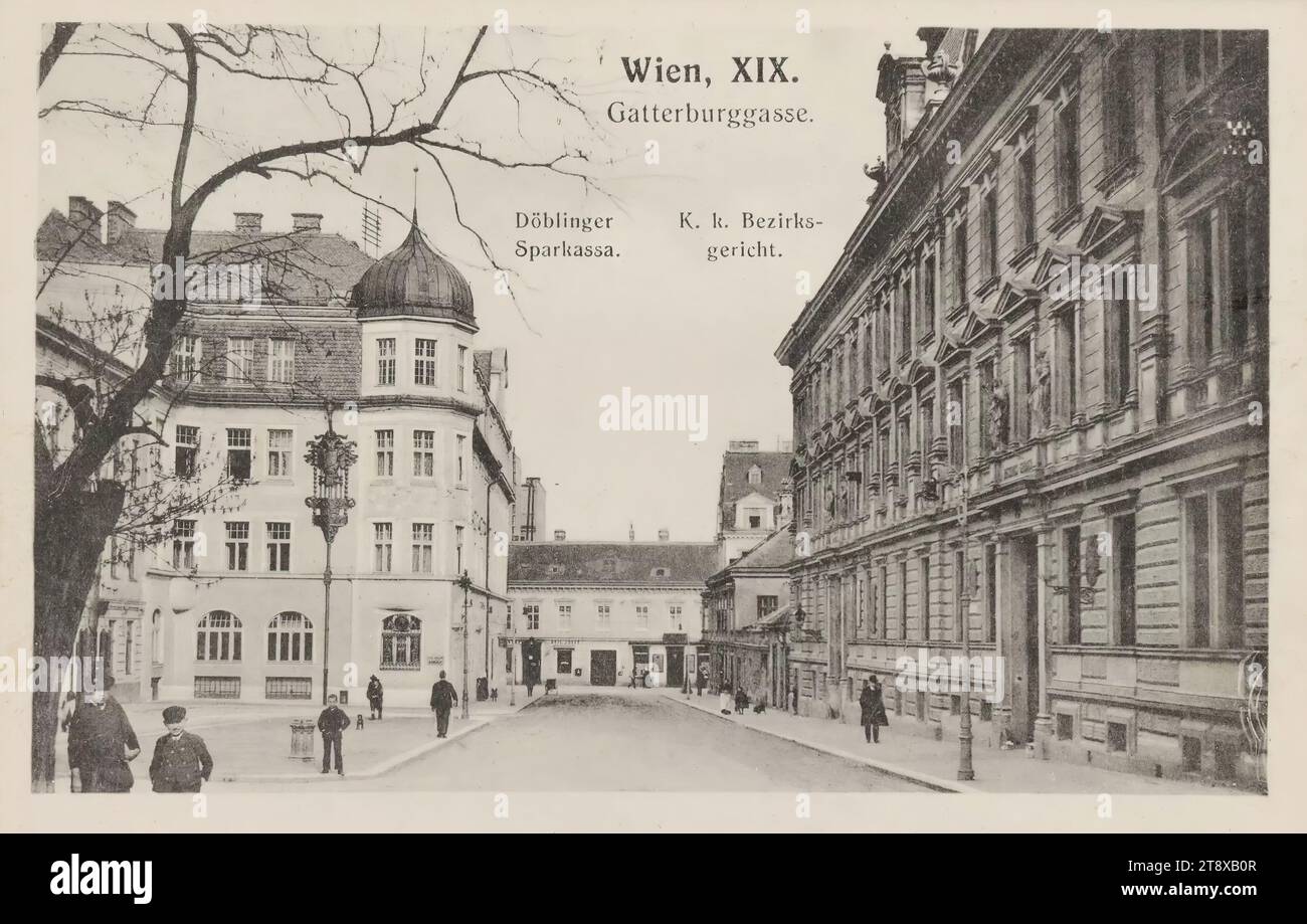 19th, Gatterburggasse - with Döblinger Sparkassa and Magistratisches Bezirksamt - view against Döblinger Hauptstraße, picture postcard, Brüder Kohn KG (B. K. W. I.), producer, 1905-1909, cardboard, collotype, height×width 9×14 cm, offices and administration, 19: Döbling, street, the usual house or row of houses, low-rise, tenement, house combined with business, with people, The Vienna Collection Stock Photo