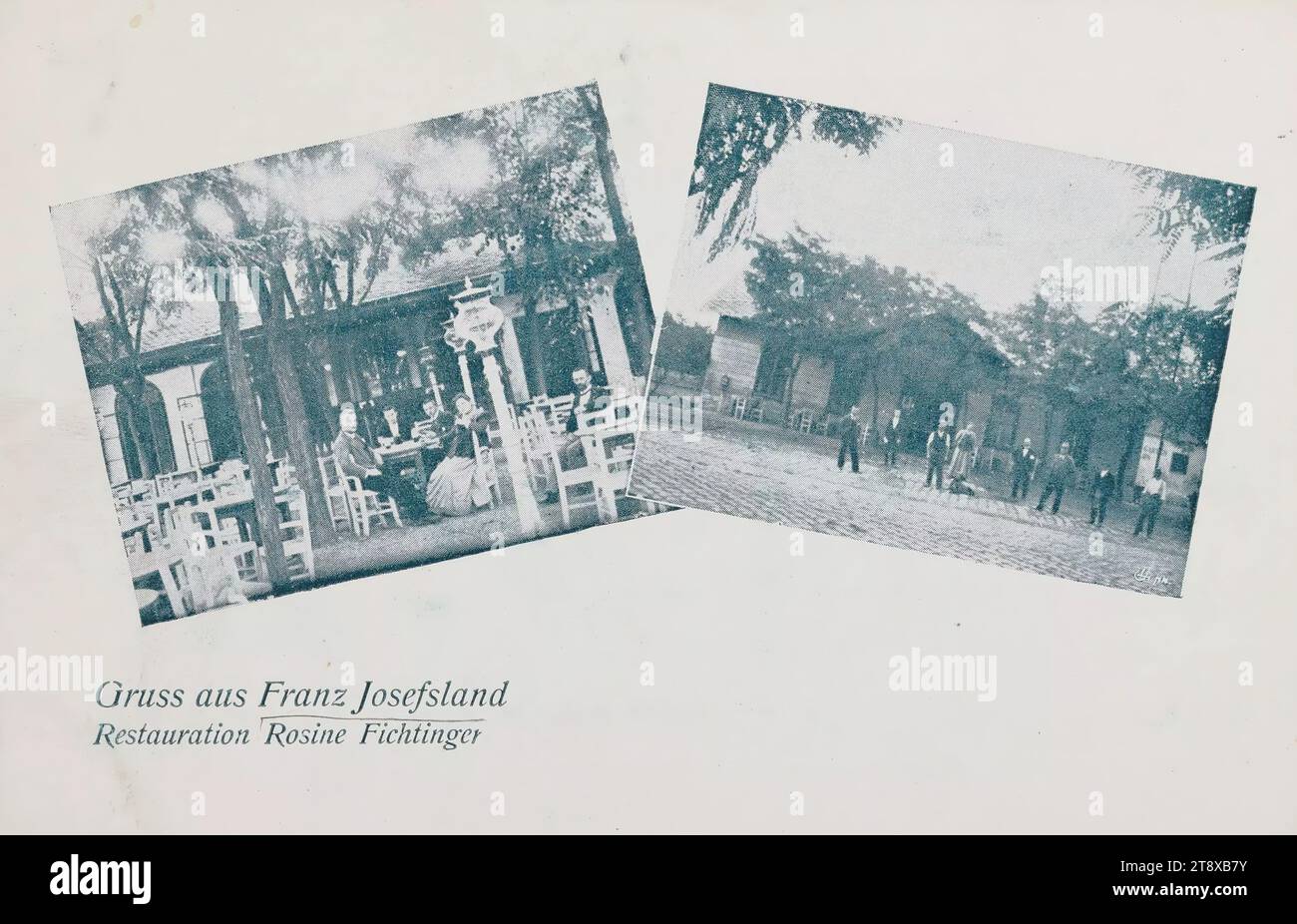 22nd, Franz-Josefs-Land (Alte Donau) - Restauration Rosine Fichtinger, picture postcard, unknown, 1900-1905, coated cardboard, halftone print, height×width 9×14 cm, food and drink, recreation and leisure, hotel and restaurant business, 22nd district: Donaustadt, with people, The Vienna Collection Stock Photo