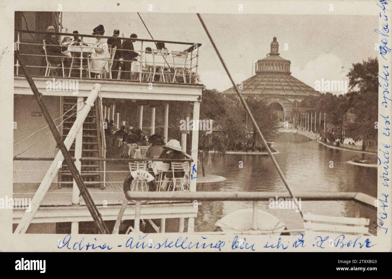 View from the Lloyd steamer 'Vienna', Kilophot (K. L.) (1905-1930), Producer, 1913, paperboard, rotogravure, height×width 9×14 cm, Inscription, FROM, Vienna, TO, Ebergassing, Vienna, ADDRESS, Wolg., Herr, Ebergassing, Vienna, Colony, MESSAGE, Dear Heinz!!!, the warmest greetings, from the Adria-Aus, stellung sends you, your in loyalty, devoted, Lina, Schmidt (M.?) (further signature), In the upper left corner:, Again kisses, from the little, devil (? ), Image page:, Adria exhibition I am u. H. Bohr, card was purchased later, (mark visible in the picture), Prater, Attractions Stock Photo