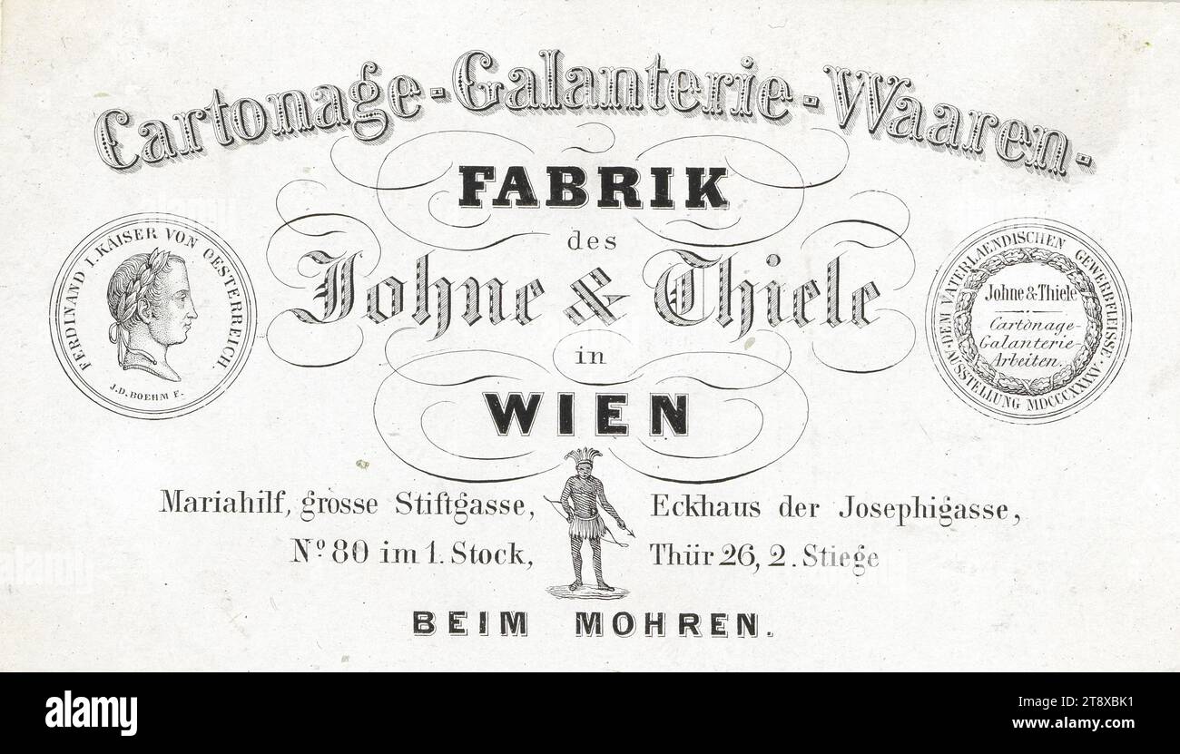 Business card, company label of 'Cartonage-Galanterie-Waaren-Fabrik Johne & Thiele', Große Stiftgasse, corner Josephigasse, Mariahilf 80, Vienna, Unknown, Date around 1840, paper, printing, Height×Width 6×10, 4 cm, Media and Communication, Bourgeoisie, Biedermeier, Trade, Industry and Production, Services, Advertisment, Racism, 6th District: Mariahilf, visiting-card, calling-card, name tag, badge, The Vienna Collection Stock Photo