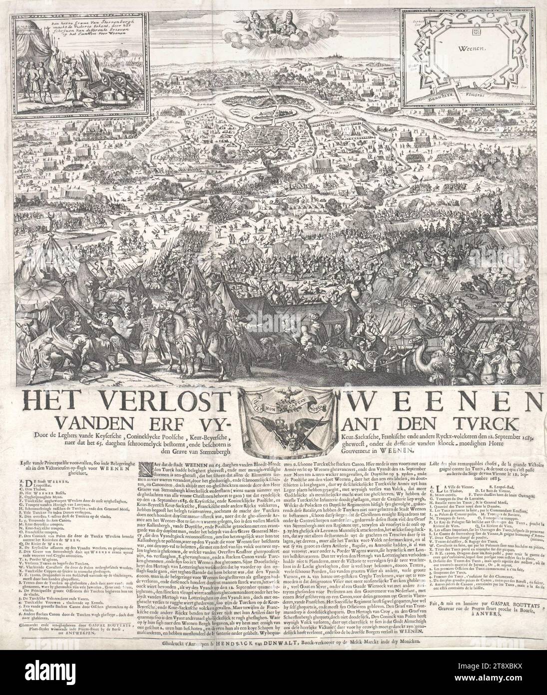 HET VERLOST WEENEN ...', Gaspar Bouttats (1625-1695), copper engraver, Hendrick van Dunwalt, Printer, 1683-1684, paper, copper engraving and type printing, height 32, 2 cm, width 44, 7 cm, Ottoman Siege of Vienna, War and War Events, Military, Fine Arts, Media and Communication, battle, fighting in general, the soldier; the soldier's life, (military) camp with tents, The Vienna Collection Stock Photo