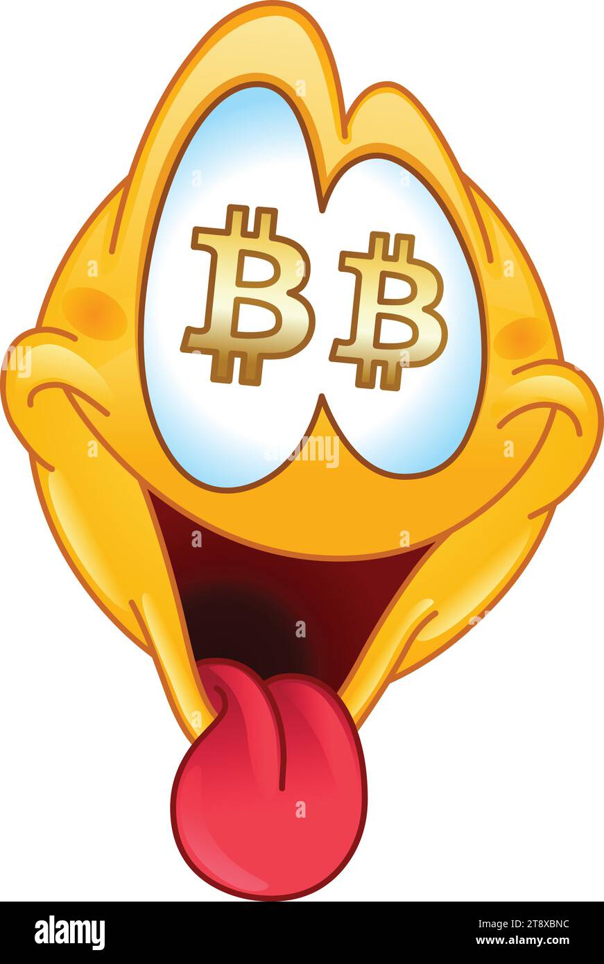 Happy emoji emoticon with Bitcoin signs in its eyes and sticking out its tongue Stock Vector