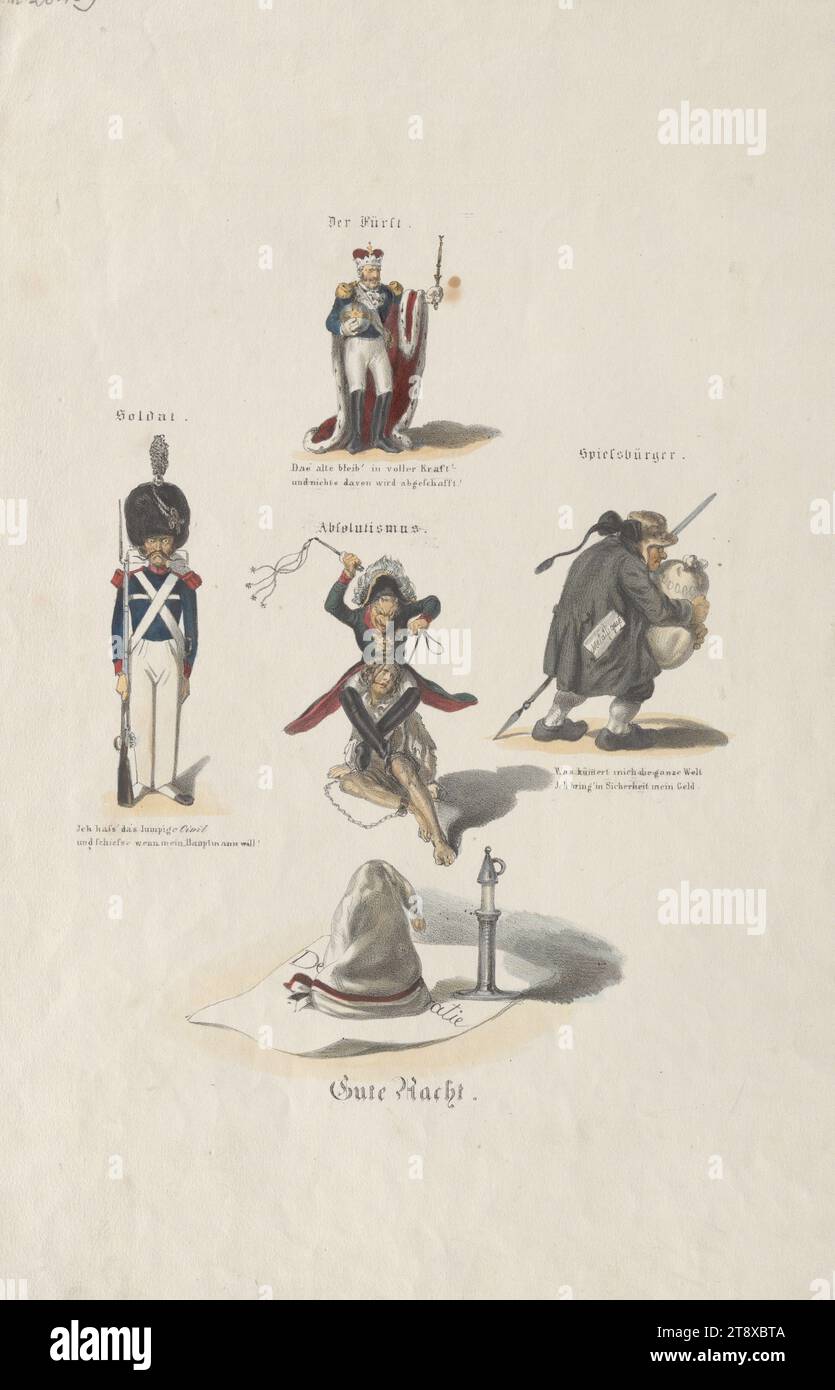 Good night.' (Caricature of the opponents of the 1848 Revolution: 'The Prince.', 'Soldier. Spiessbürger.' and 'Absolutismus.'), Unknown, 1848, paper, colorised, chalk-manner lithograph, height 44, 9 cm, width 30, 3 cm, Caricature, Satire, Military, Revolutions of 1848, 1849, the soldier; the soldier's life, The Vienna Collection Stock Photo