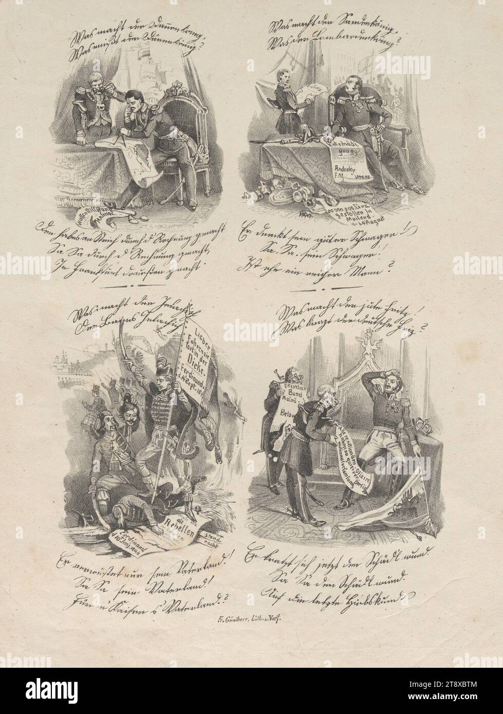 Caricature on the kings Frederick VII of Denmark, Charles Albert of Sardinia, Frederick William IV of Prussia and on the Croatian Banus Jelačić, Günther (Vienna), lithographer, 1848, paper, chalk-manner lithograph, height 34, 5 cm, width 26, 4 cm, Caricature, Satire, Revolutions of 1848, 1849, king; emperor, ruler, sovereign, The Vienna Collection Stock Photo