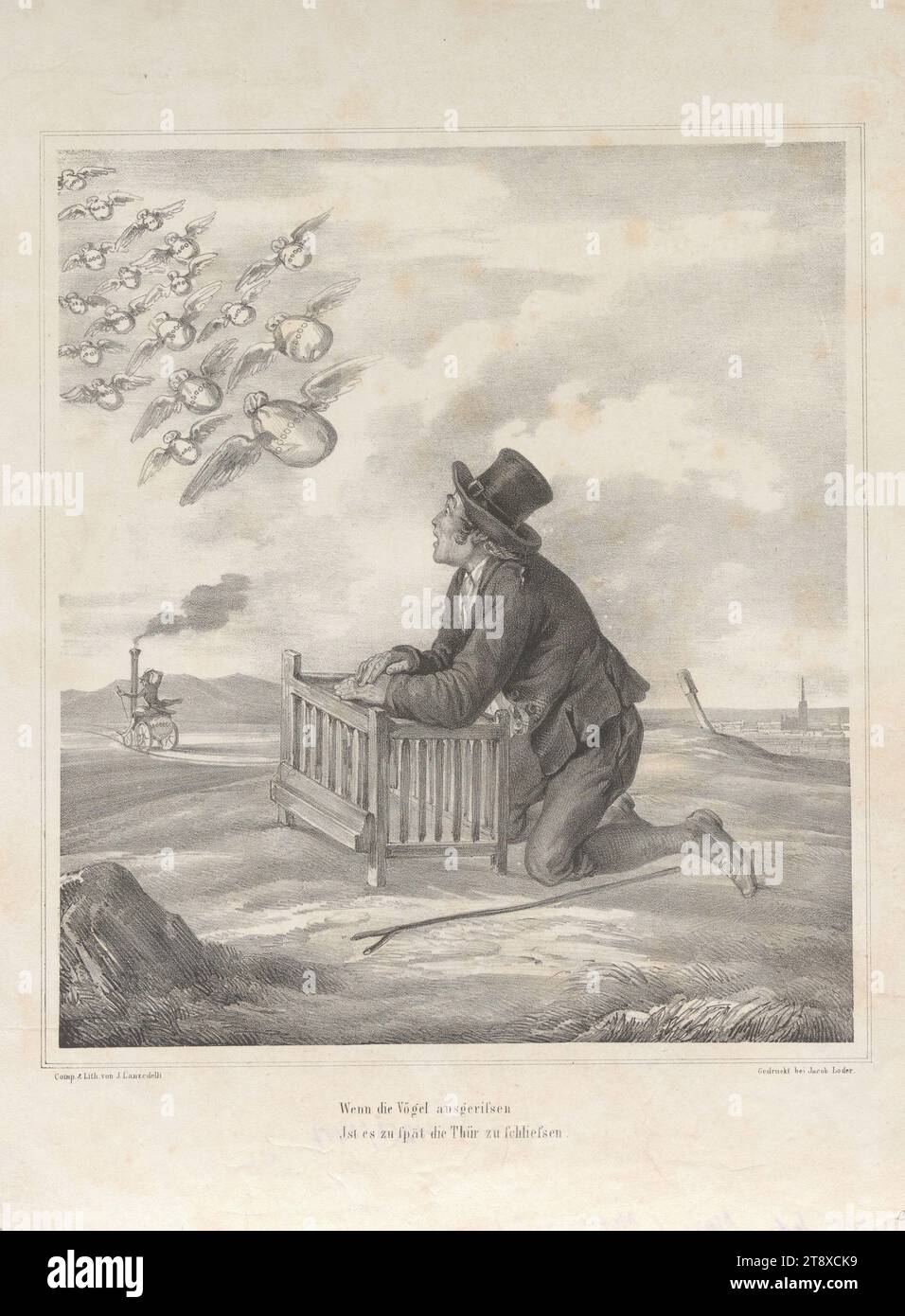 When the birds have fled, it is too late to close the door. (Satire on the flight of Metternich in March 1848), Josef the Younger Lanzedelly (Lanzedelli; Lancedelli) (1807-1879), lithographer, Jakob Loder, printer, 1848, paper, chalk lithograph, height 36.2 cm, width 26.9 cm, revolutions of 1848, 1849, caricature, satire, flight, politics, Vormärz, Biedermeier, flight, running away; persecution, politician, The Vienna Collection Stock Photo
