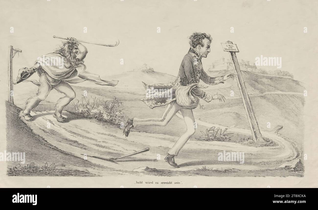 Soon it will be reached'. (Satire on the flight of Metternich in March 1848), Unknown, 1848, paper, chalk lithograph, height 30.8 cm, width 48.4 cm, revolutions of 1848, 1849, caricature, satire, flight, politics, Vormärz, Biedermeier, flight, flee; persecution, politician, The Vienna Collection Stock Photo