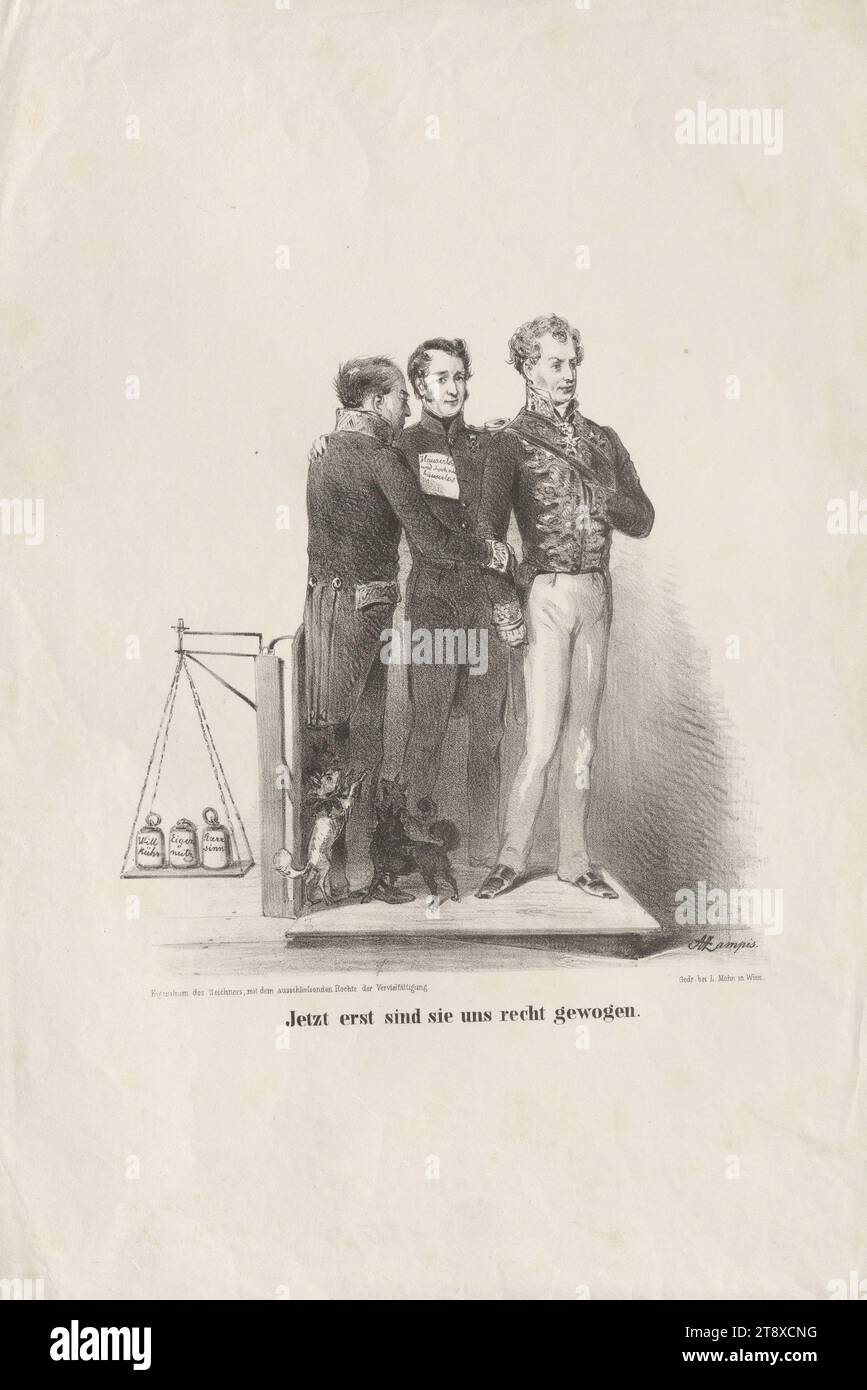 Only now they are quite fond of us.' (Satire on the flight of Metternich, Sedlnitzky and Czapka in March 1848), Anton Zampis (1820-1883), lithographer, Ludwig Mohn (1797-1857), printer, 1848, paper, chalk lithograph, height 45.3 cm, width 31.1 cm, revolutions of 1848, 1849, caricature, satire, flight, politics, Vormärz, Biedermeier, flight, running away; persecution, politicians, The Vienna Collection Stock Photo