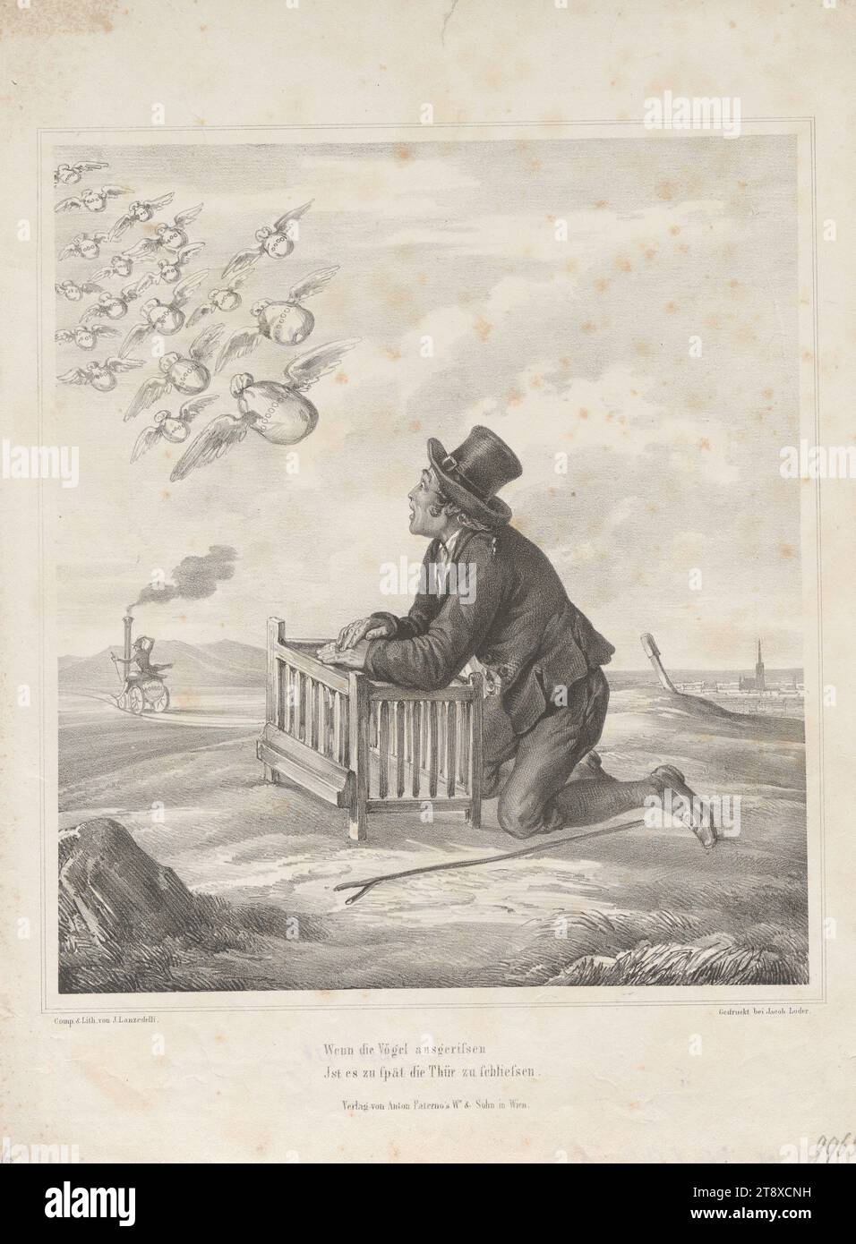 When the birds have fled, It's too late to close the door. (Satire on the flight of Metternich in March 1848), Josef the Younger Lanzedelly (Lanzedelli; Lancedelli) (1807-1879), lithographer, Jakob Loder, printer, 1848, paper, chalk lithograph, height 36 cm, width 26.9 cm, revolutions of 1848, 1849, caricature, satire, flight, politics, pre-March, Biedermeier, flight, running away; persecution, politicians, The Vienna Collection Stock Photo