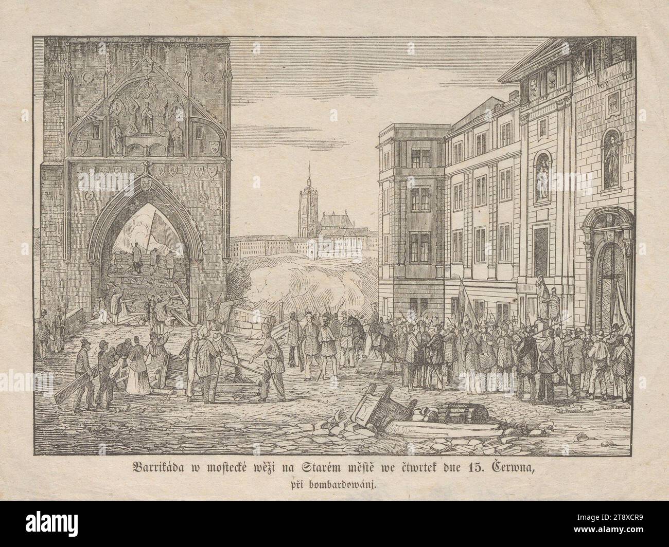 The barricade at the Old Town Bridge Tower in Prague on 15. June 1848, Unknown, 1848, paper, lithography, height 17, 2 cm, width 22 cm, Fine Arts, Revolutions of 1848, 1849, obstructions in streets; barricades, The Vienna Collection Stock Photo