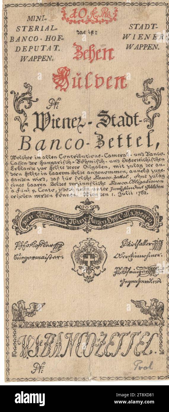 Banco note, 10 florins, Vienna City Banco, mint authority, 01.07.1762, paper, printing, height×width 203×89 mm, Finance, coat of arms (as symbol of the state, etc.), bank-note, money, The Vienna Collection Stock Photo