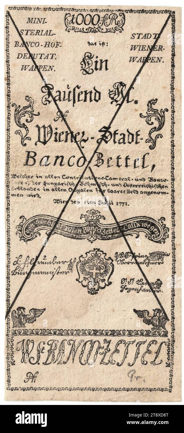 Banco note, 1000 florins, Vienna City Banco, mint authority, 01.07.1771, paper, printing, height×width 204×92 mm, Mint, Vienna, Mint territory, Austria, Empire (1804-1867), Finance, coat of arms (as symbol of the state, etc.), bank-note, money, The Vienna Collection Stock Photo