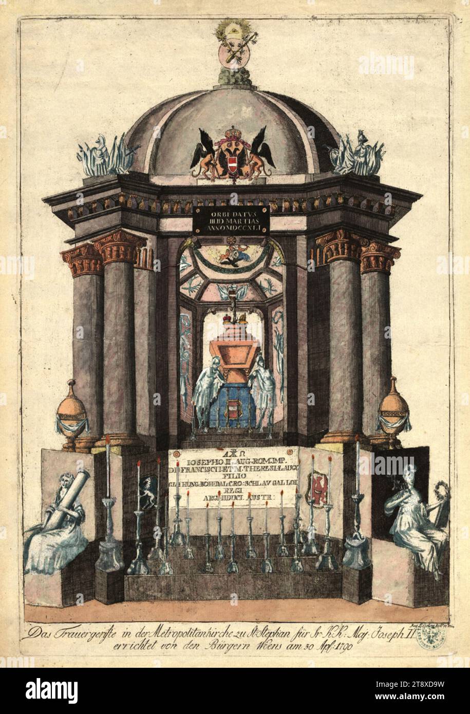 The mourning scaffold for Joseph II in St. Stephen's, erected on 30. April 1790, Johann Hieronymus Löschenkohl (1753-1807), publishing house, 1790, paper, colorised, copperplate engraving, plate size 47, 5×32, 5 cm, sheet size 51×37, 5 cm, Habsburgs, Disease and Death, St. Stephan's Cathedral, Dynastic Events, Fine Arts, coffin, The Vienna Collection Stock Photo