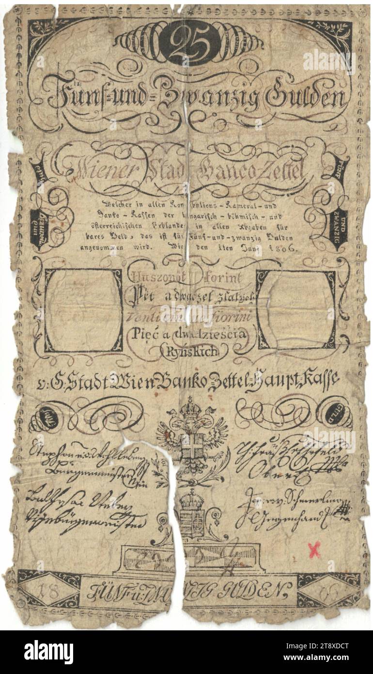 Banco note (forgery), 25 florins, Vienna City Banco, mint authority, Date after 01.06.1806, paper, printing, height 16.2 cm, width 9.6 cm, Mint, Vienna, Mint territory, Austria, Empire (1804-1867), Finance, counterfeit, forgery, coat of arms (as symbol of the state, etc.), bank-note, money, The Vienna Collection Stock Photo