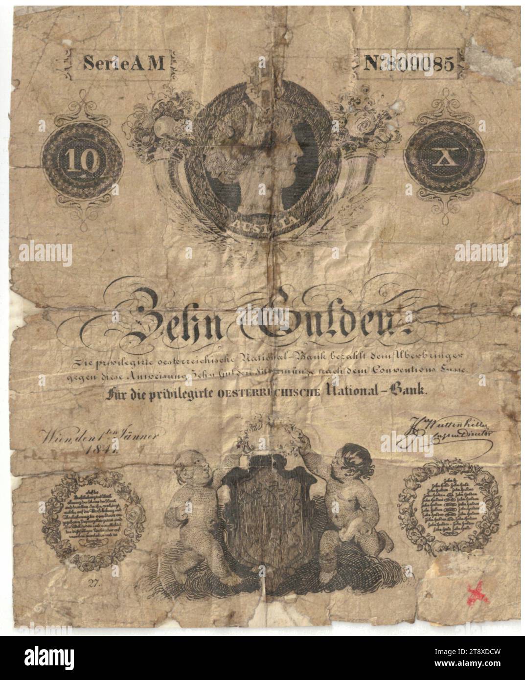 Instruction (counterfeit), 10 Gulden, Privilegierte Österreichische National-Bank, mint authority, Date after 01.01.1841, paper, printing, width 102 mm, height 124 mm, Mint, Vienna, Mint territory, Austria, 2nd Republic (since 1945), Finance, counterfeit, forgery, woman, child, coat of arms (as symbol of the state, etc.), bank-note, money, The Vienna Collection Stock Photo