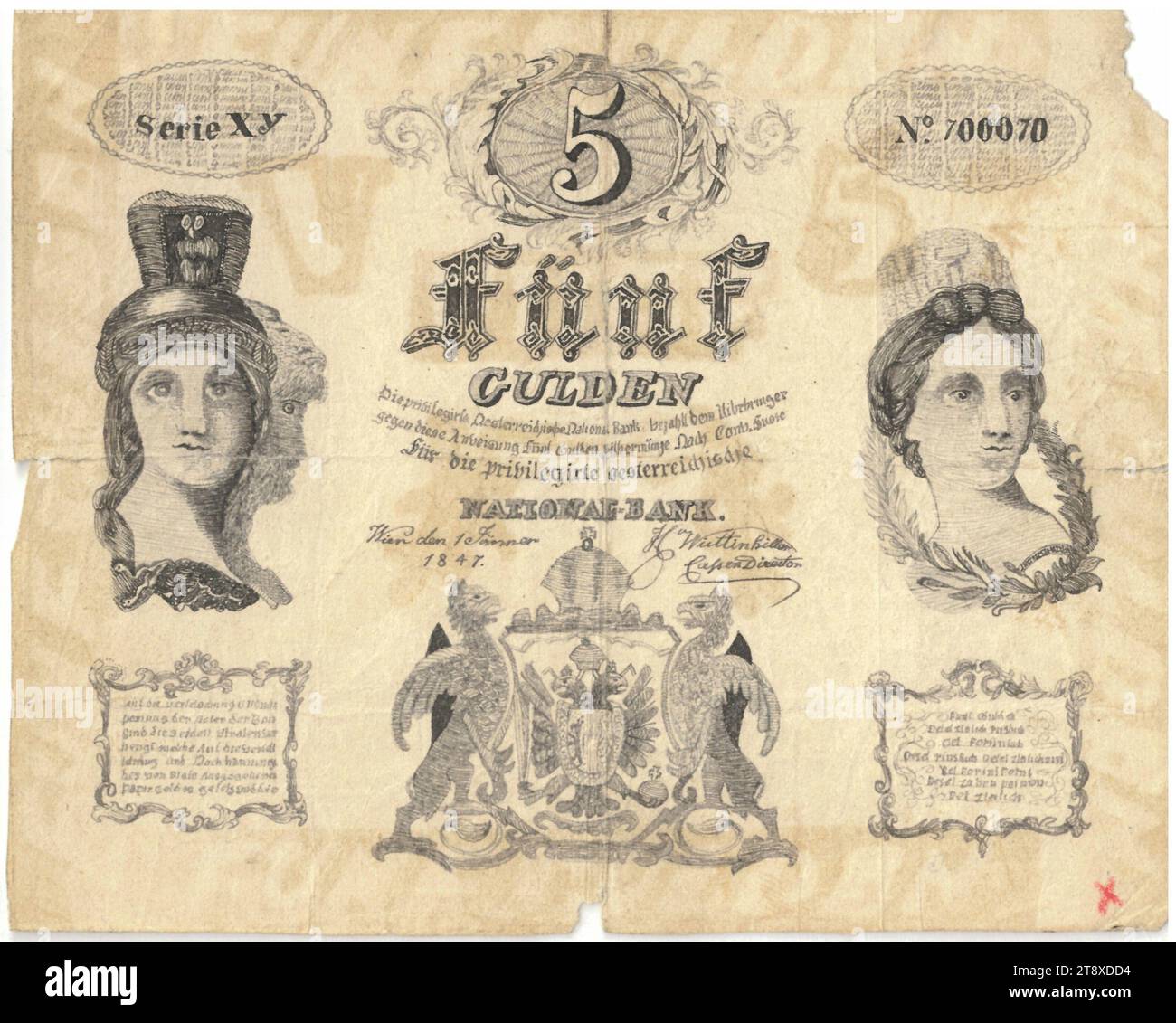 Instruction (forgery), 5 florins, Privilegierte Österreichische National-Bank, mint authority, Date after 01.01.1847, paper, printing, width 135 mm, height 107 mm, Mint, Vienna, Mint territory, Austria, Empire (1804-1867), Finance, counterfeit, forgery, coat of arms (as symbol of the state, etc.), woman, helmet, bank-note, money, The Vienna Collection Stock Photo