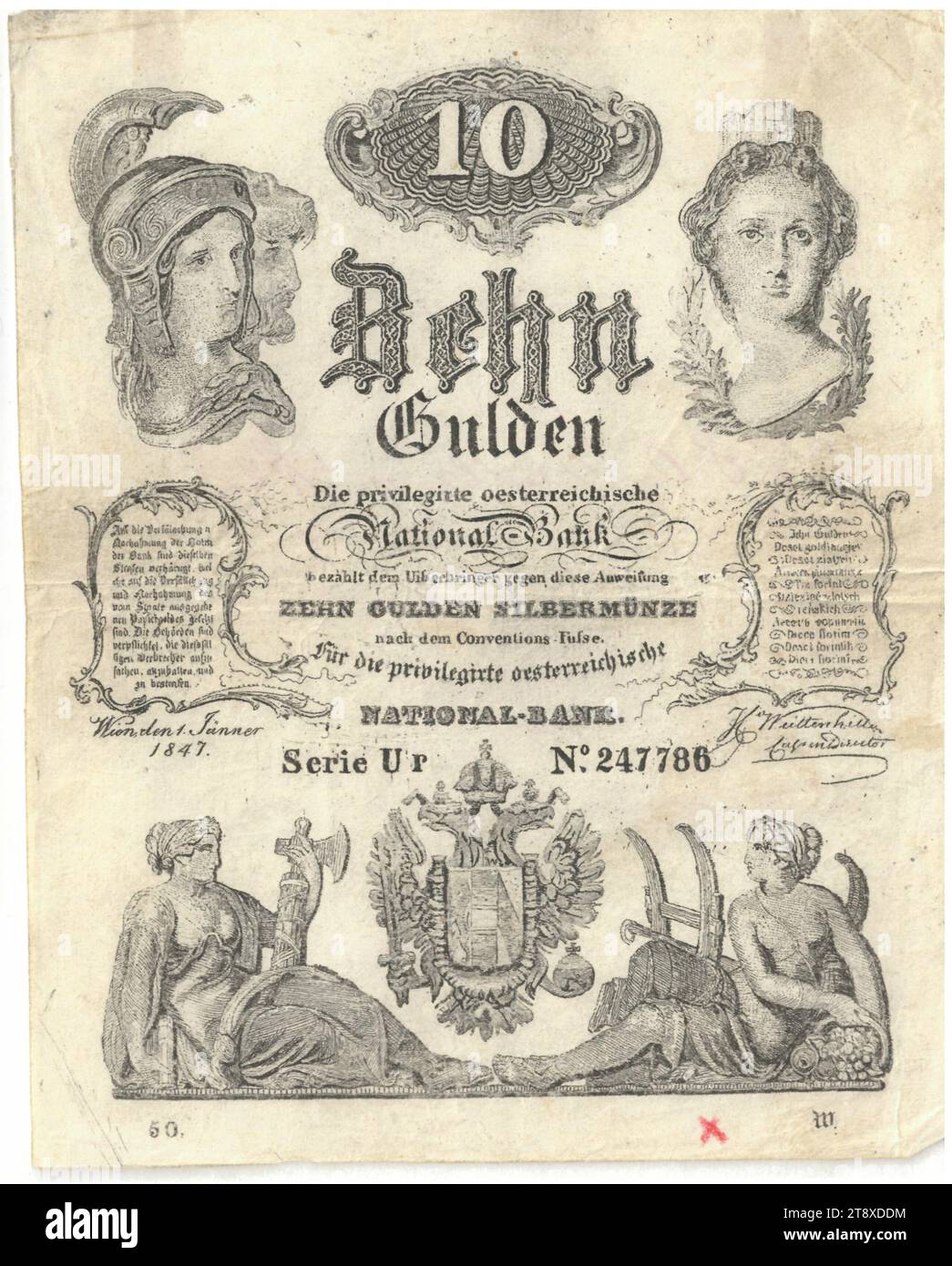 Instruction (forgery), 10 florins, Privilegierte Österreichische National-Bank, mint authority, Date after 01.01.1847, paper, printing, width 107 mm, height 133 mm, Mint, Vienna, Mint territory, Austria, Empire (1804-1867), Finance, counterfeit, forgery, woman, helmet, coat of arms (as symbol of the state, etc.), bank-note, money, The Vienna Collection Stock Photo