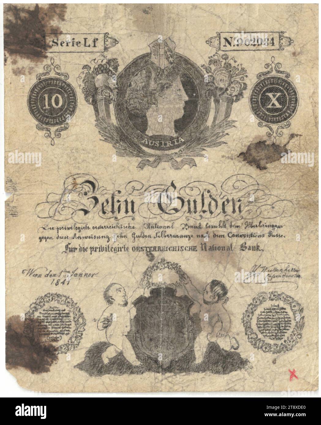 Instruction (counterfeit), 10 florins, Privilegierte Österreichische National-Bank, mint authority, Date after 01.01.1841, paper, printing, height 128 mm, width 102 mm, Mint, Vienna, Mint territory, Austria, Empire (1804-1867), Finance, counterfeit, forgery, woman, child, coat of arms (as symbol of the state, etc.), bank-note, money, The Vienna Collection Stock Photo