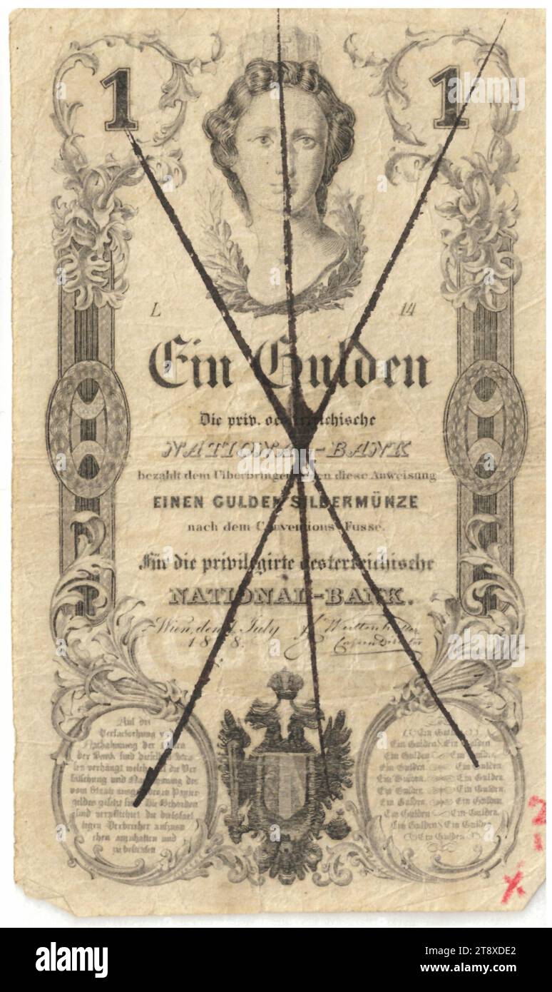 Instruction (counterfeit), 1 Gulden, Privilegierte Österreichische National-Bank, mint authority, Date after 01.07.1848, paper, printing, width 73 mm, height 123 mm, Mint, Vienna, Mint territory, Austria, Empire (1804-1867), Finance, counterfeit, forgery, woman, coat of arms (as symbol of the state, etc.), bank-note, money, The Vienna Collection Stock Photo