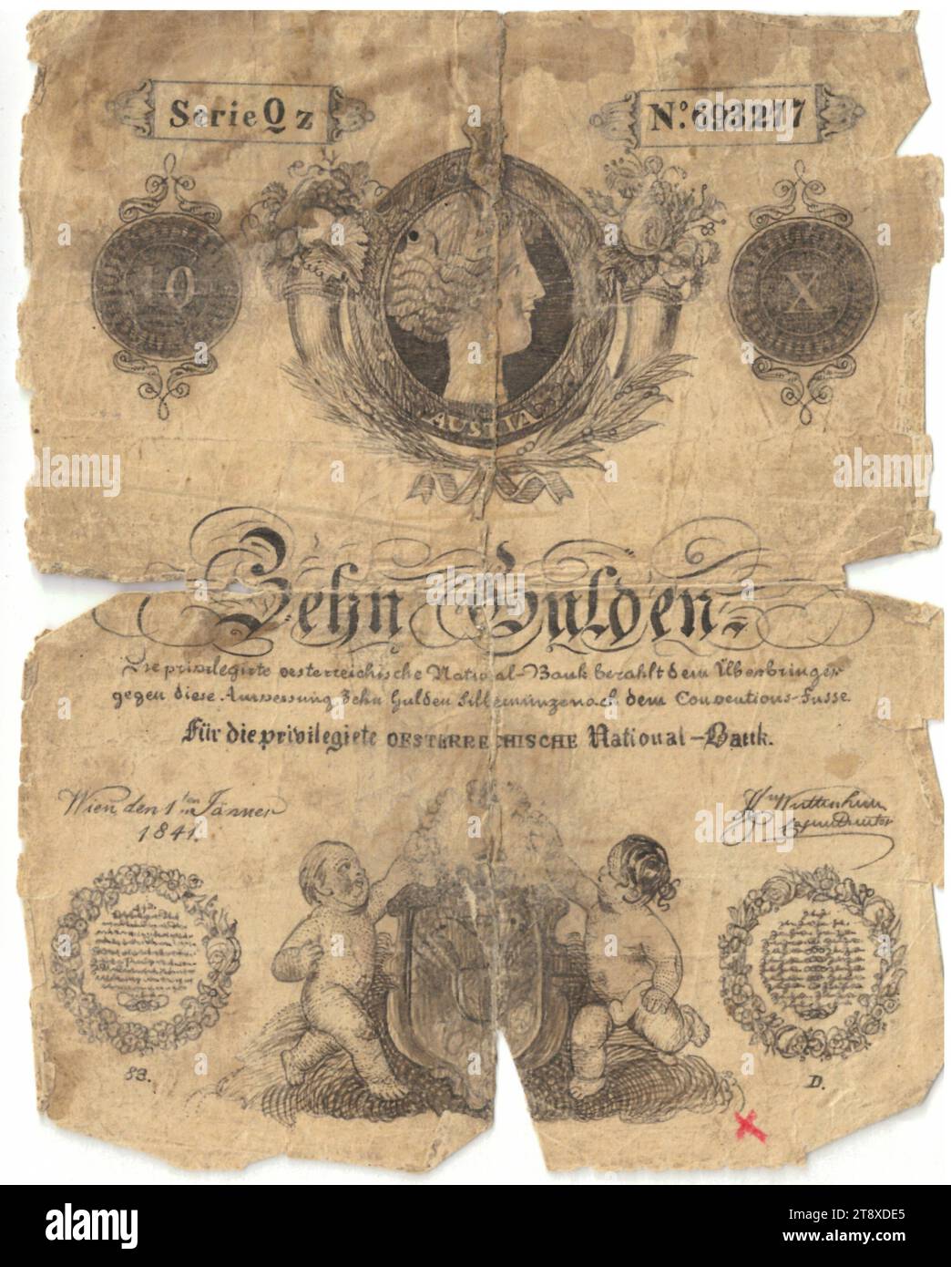 Instruction (forgery), 10 florins, Privilegierte Österreichische National-Bank, mint authority, Date after 01.01.1841, paper, printing, height 128 mm, width 103 mm, Mint, Vienna, Mint territory, Austria, Empire (1804-1867), Finance, counterfeit, forgery, woman, child, coat of arms (as symbol of the state, etc.), bank-note, money, The Vienna Collection Stock Photo