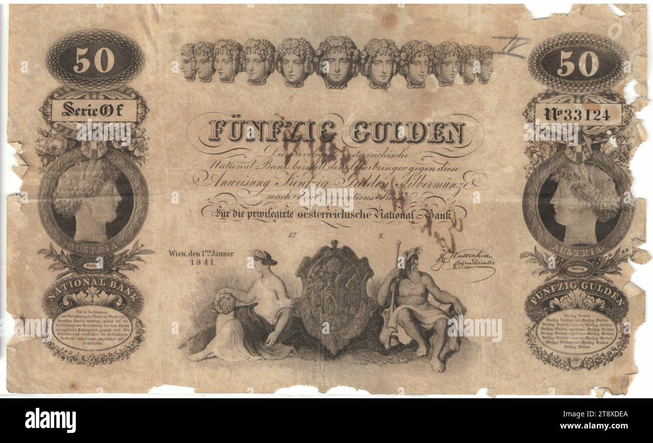 Instruction (counterfeit), 50 florins, Privilegierte Österreichische National-Bank, mint authority, Date after 01.01.1841, paper, printing, height 117 mm, width 187 mm, Mint, Vienna, Mint territory, Austria, Empire (1804-1867), Finance, counterfeit, forgery, woman, coat of arms (as symbol of the state, etc.), man, bank-note, money, The Vienna Collection Stock Photo