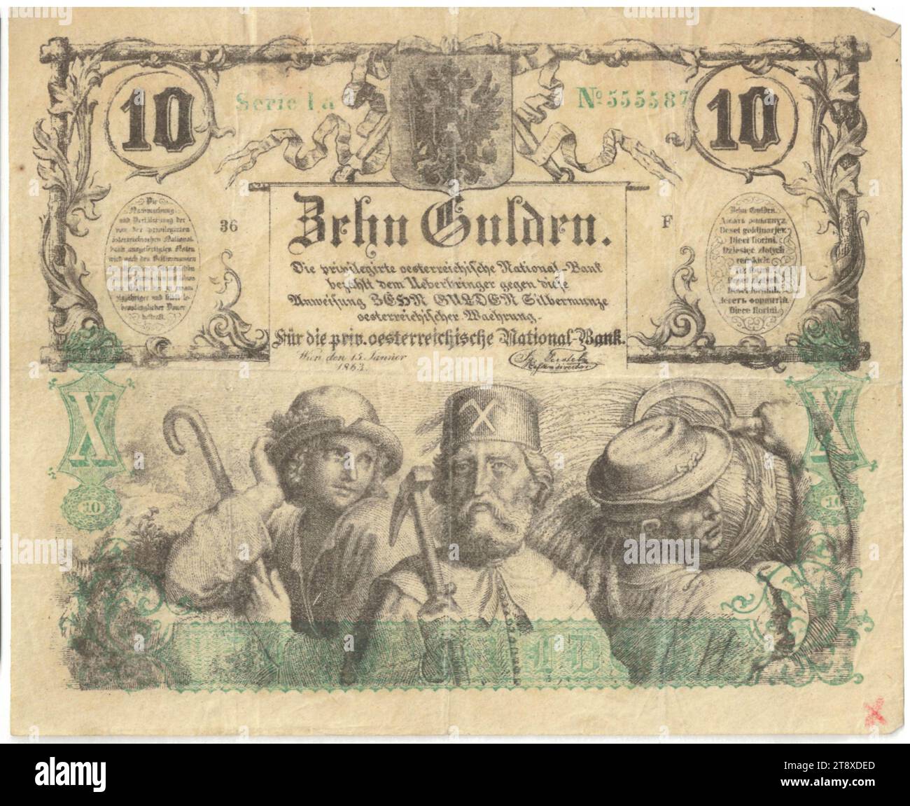 Banknote (counterfeit), 10 Gulden, Privilegierte Österreichische National-Bank, mint authority, Date after 15.01.1863, paper, printing, width 141 mm, height 116 mm, Mint, Vienna, Mint territory, Austria, Empire (1804-1867), Finance, counterfeit, forgery, farmers, working class, laborers, coat of arms (as symbol of the state, etc.), bank-note, money, The Vienna Collection Stock Photo