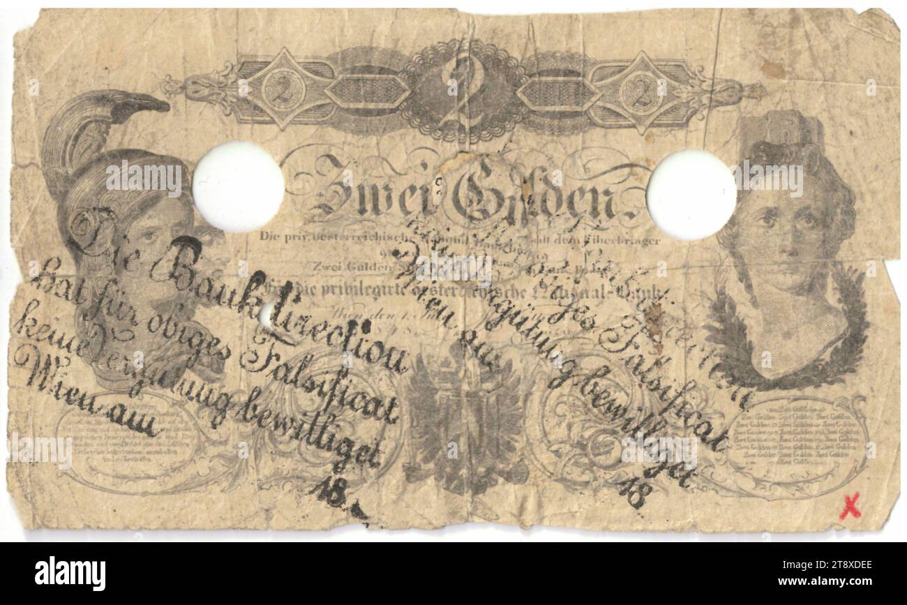 Instruction (counterfeit), 2 florins, Privilegierte Österreichische National-Bank, mint authority, Date after 01.07.1848, paper, printing, width 124 mm, height 73 mm, Mint, Vienna, Mint territory, Austria, Empire (1804-1867), Finance, counterfeit, forgery, coat of arms (as symbol of the state, etc.), woman, helmet, bank-note, money, The Vienna Collection Stock Photo