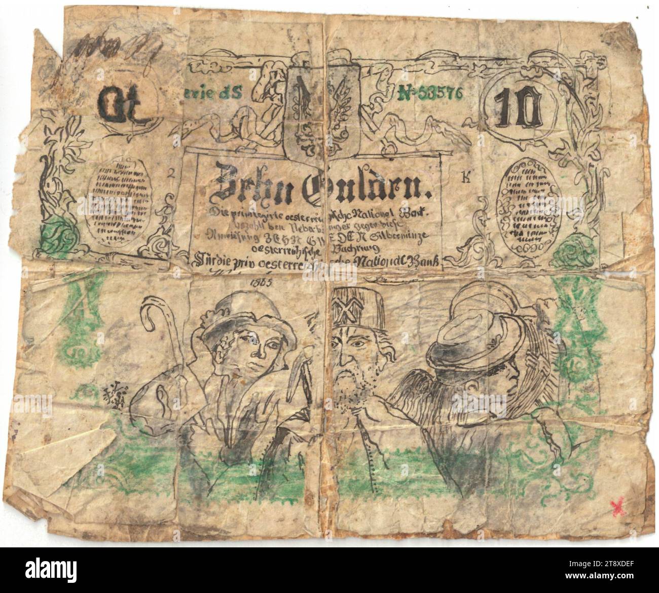 Banknote (forgery), 10 Gulden, Privilegierte Österreichische National-Bank, mint authority, Date after 15.01.1863, paper, printing, height 120 mm, width 145 mm, Mint, Vienna, Mint territory, Austria, Empire (1804-1867), Finance, counterfeit, forgery, farmers, working class, laborers, coat of arms (as symbol of the state, etc.), bank-note, money, The Vienna Collection Stock Photo