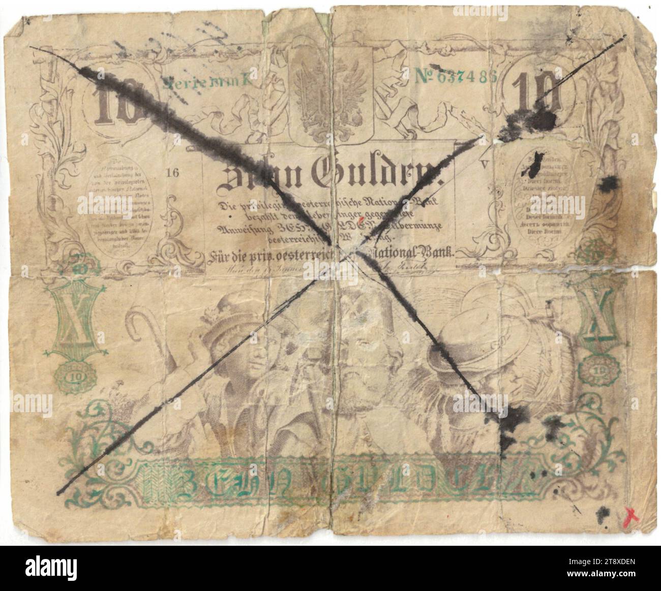 Banknote (forgery), 10 Gulden, Privilegierte Österreichische National-Bank, mint authority, Date after 15.01.1863, paper, printing, width 140 mm, height 115 mm, Mint, Vienna, Mint territory, Austria, Empire (1804-1867), Finance, counterfeit, forgery, farmers, working class, laborers, coat of arms (as symbol of the state, etc.), bank-note, money, The Vienna Collection Stock Photo