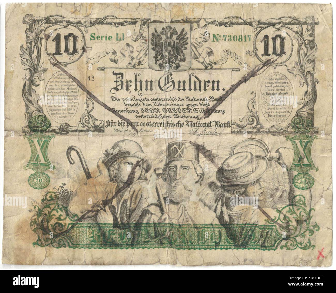 Banknote (forgery), 10 florins, Privilegierte Österreichische National-Bank, mint authority, Date after 15.01.1863, paper, printing, width 141 mm, height 114 mm, Mint, Vienna, Mint territory, Austria, Empire (1804-1867), Finance, counterfeit, forgery, farmers, working class, laborers, coat of arms (as symbol of the state, etc.), bank-note, money, The Vienna Collection Stock Photo