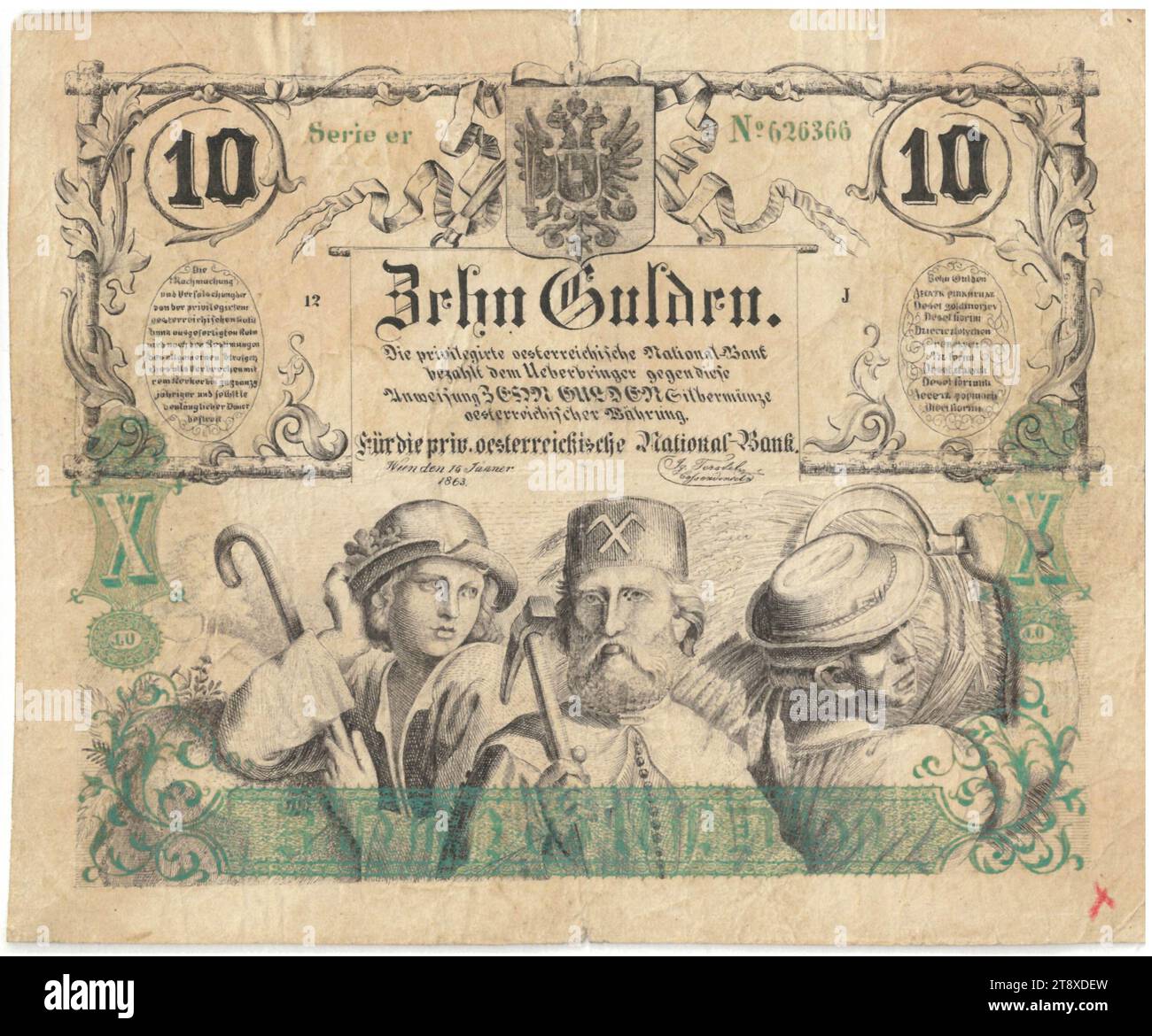 Banknote (forgery), 10 florins, Privilegierte Österreichische National-Bank, mint authority, Date after 15.01.1863, paper, printing, width 142 mm, height 115 mm, Mint, Vienna, Mint territory, Austria, Empire (1804-1867), Finance, counterfeit, forgery, farmers, working class, laborers, coat of arms (as symbol of the state, etc.), bank-note, money, The Vienna Collection Stock Photo