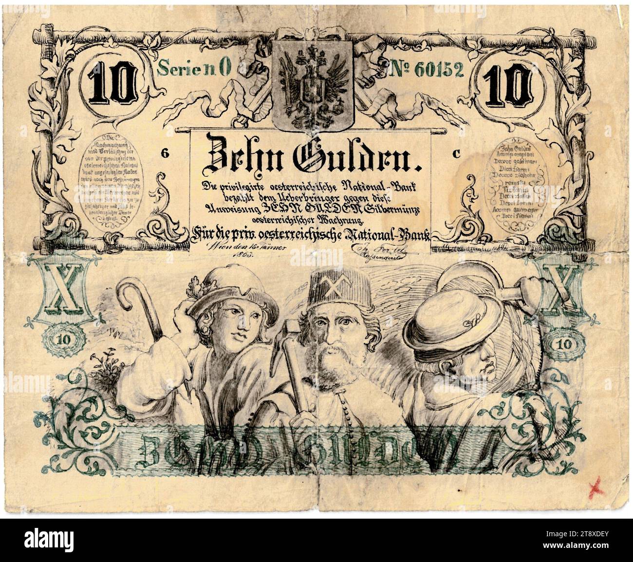 Banknote (forgery), 10 Gulden, Privilegierte Österreichische National-Bank, mint authority, Date after 15.01.1863, paper, printing, width 144 mm, height 118 mm, Mint, Vienna, Mint territory, Austria, Empire (1804-1867), Finance, counterfeit, forgery, farmers, working class, laborers, coat of arms (as symbol of the state, etc.), bank-note, money, The Vienna Collection Stock Photo