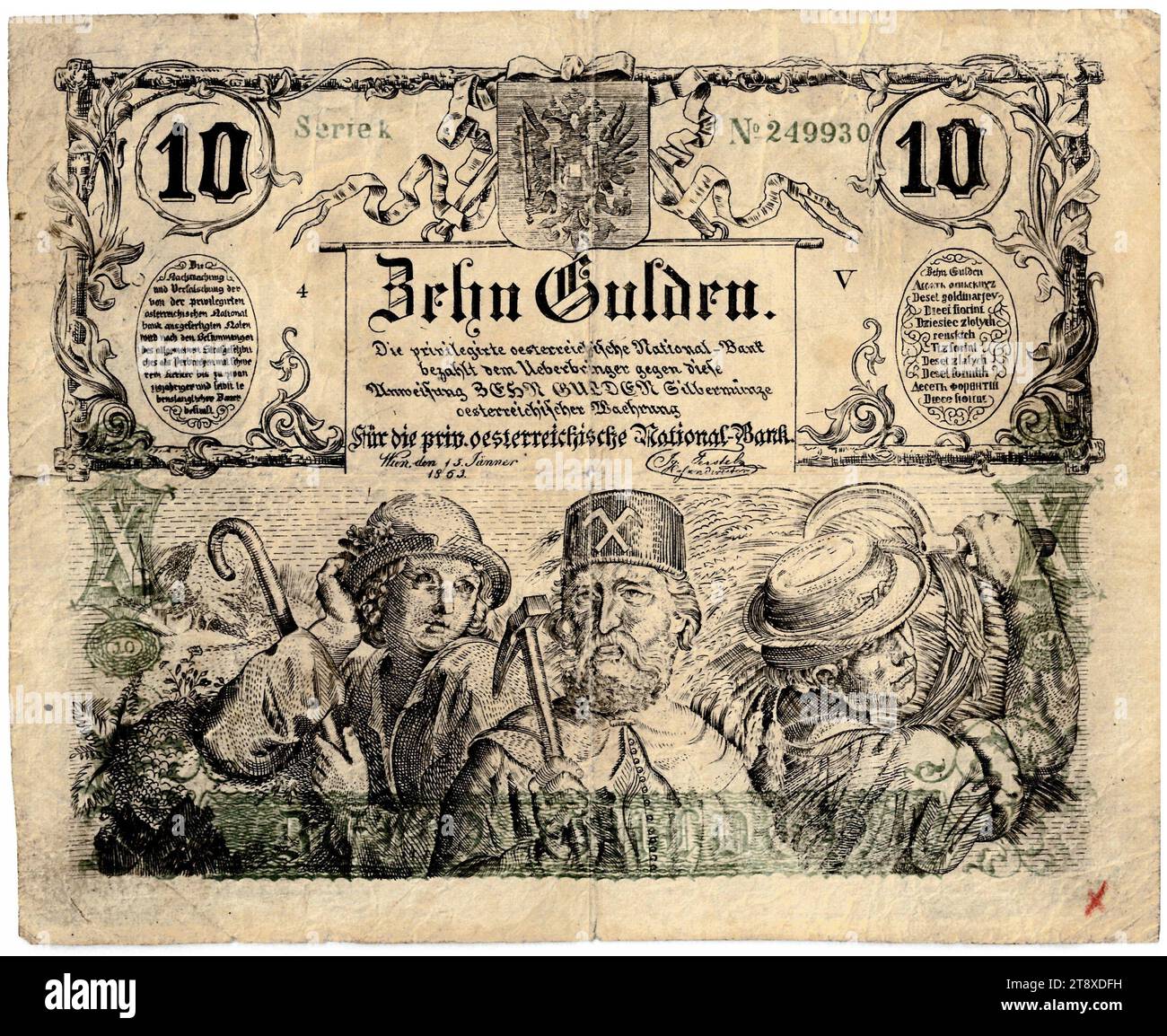 Banknote (forgery), 10 florins, Privilegierte Österreichische National-Bank, mint authority, Date after 15.01.1863, paper, printing, width 141 mm, height 115 mm, Mint, Vienna, Mint territory, Austria, Empire (1804-1867), Finance, counterfeit, forgery, farmers, working class, laborers, coat of arms (as symbol of the state, etc.), bank-note, money, The Vienna Collection Stock Photo