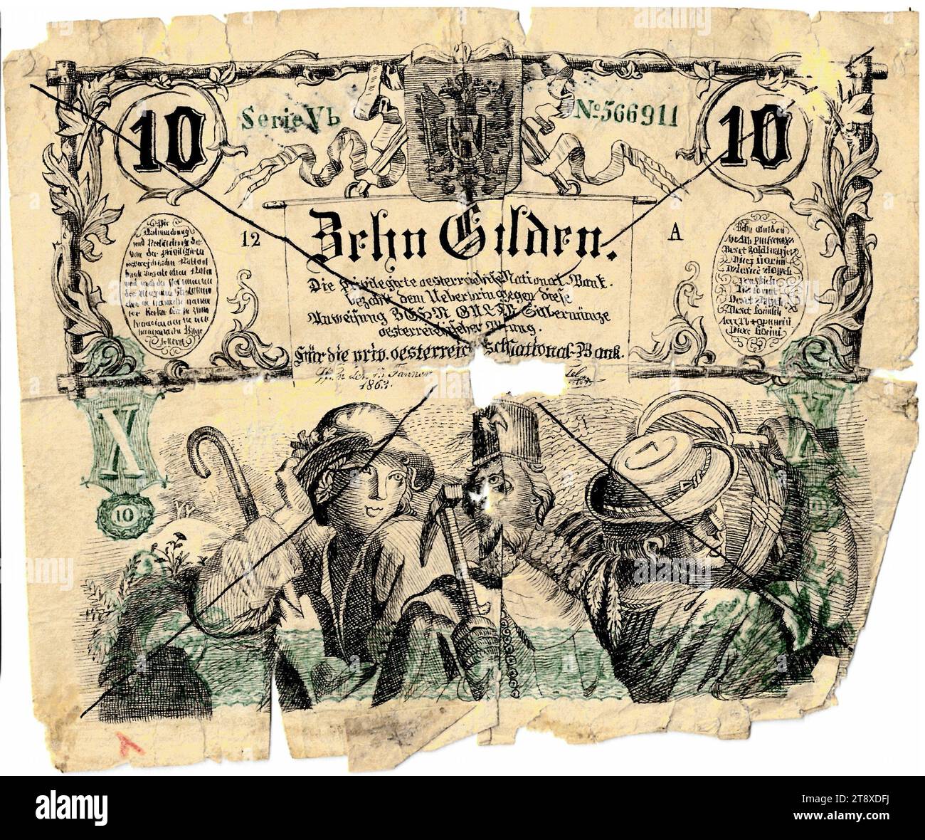 Banknote (forgery), 10 florins, Privilegierte Österreichische National-Bank, mint authority, Date after 15.01.1863, paper, printing, width 137 mm, height 116 mm, Mint, Vienna, Mint territory, Austria, Empire (1804-1867), Finance, counterfeit, forgery, farmers, working class, laborers, coat of arms (as symbol of the state, etc.), bank-note, money, The Vienna Collection Stock Photo