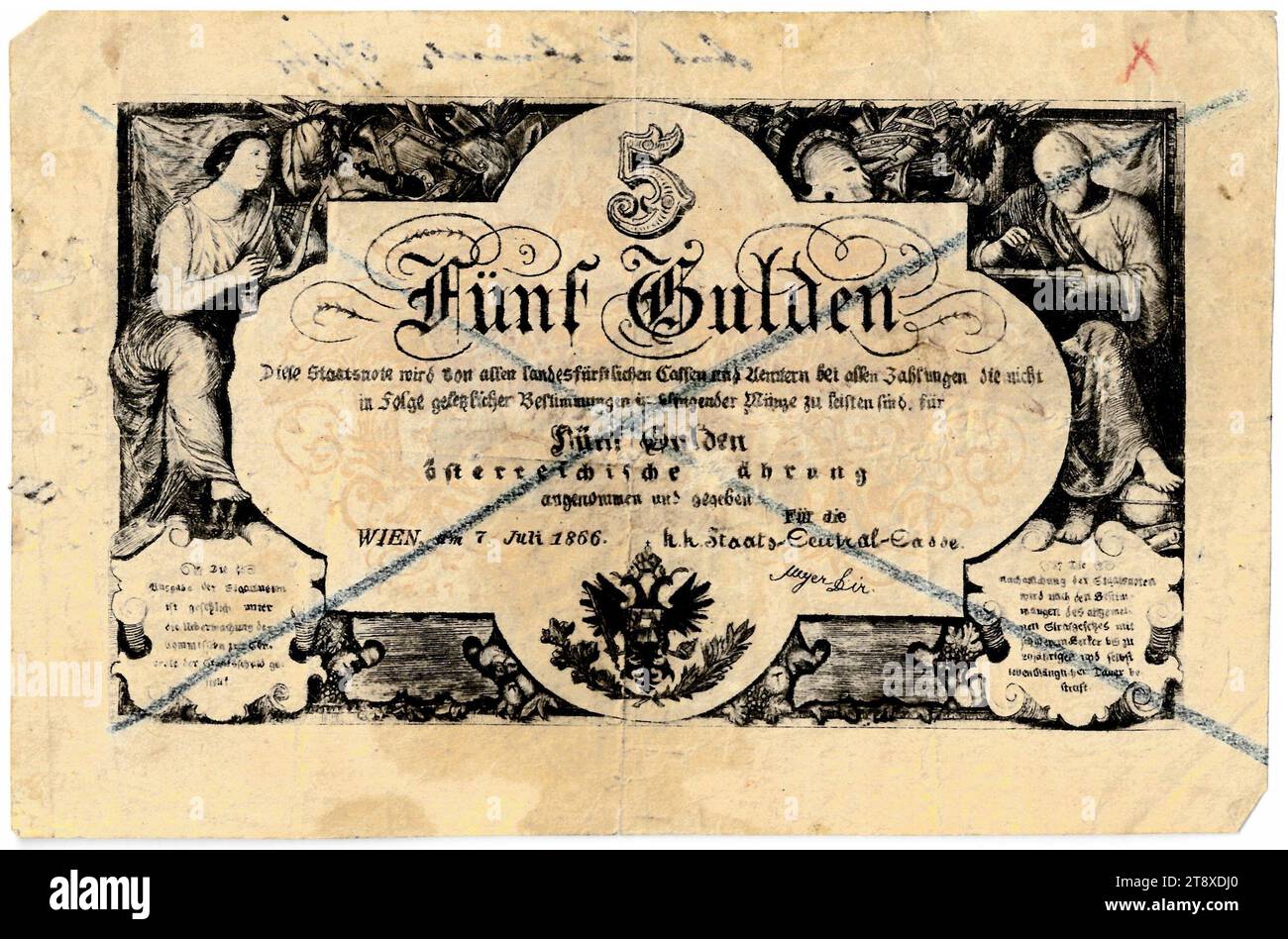 Staatsnote (Fälschung), 5 Gulden, K. K. Staats-Central-Casse, mint authority, Date after 07.07.1866, paper, printing, width 134 mm, height 88 mm, Mint, Wien, Mint territory, Österreich, Kaiserreich (1804-1867), Finance, counterfeit, forgery, coat of arms (as symbol of the state, etc.), bank-note, money, The Vienna Collection Stock Photo